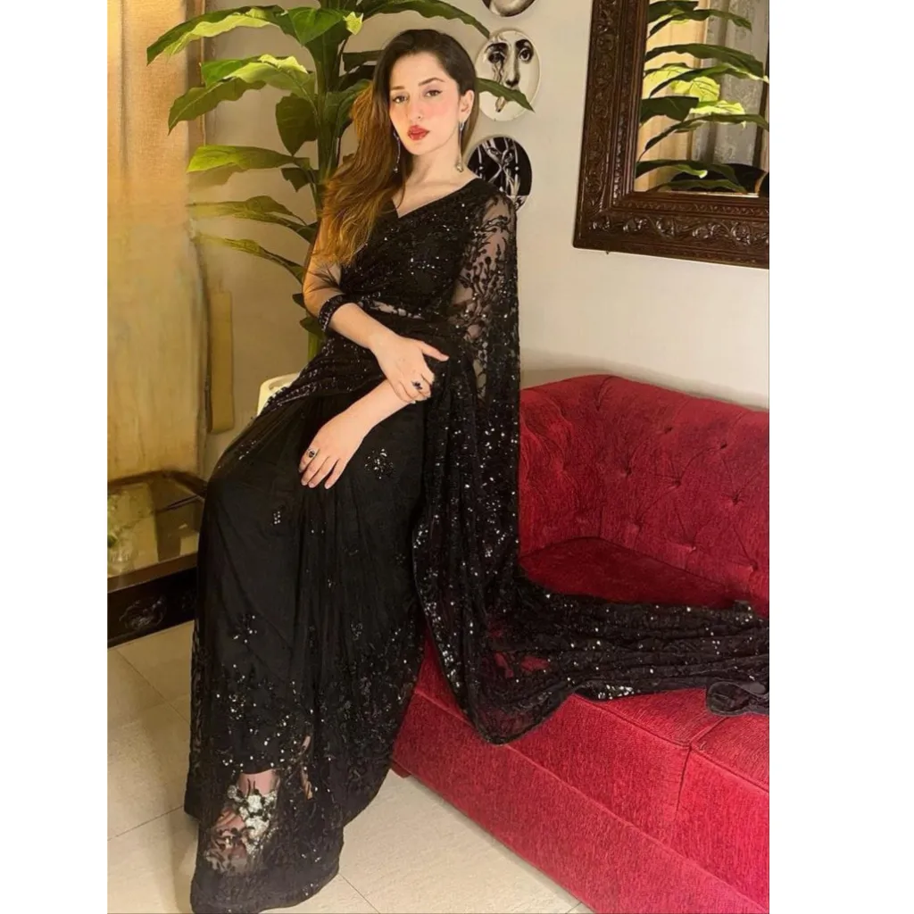 Beautiful Women Black Bollywood Sequence Saree 